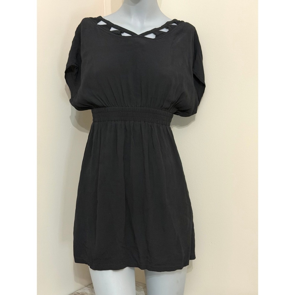 Black Short Sleeve Detailed Neck Dress - Size M